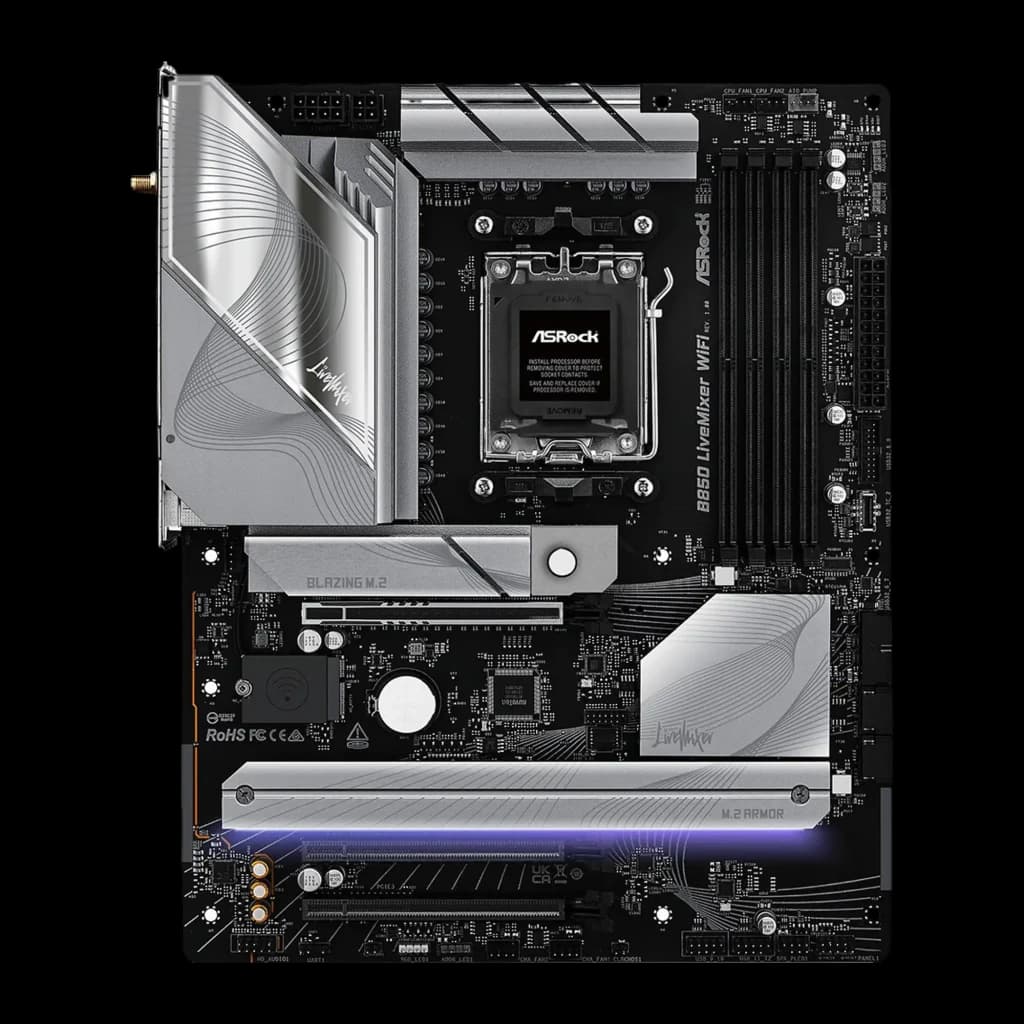 ASRock B850 LiveMixer WiFi DDR5 AM5 noir, vue de face: socket AM5, dissipateurs argentés, slots DDR5 et RGB PCIe