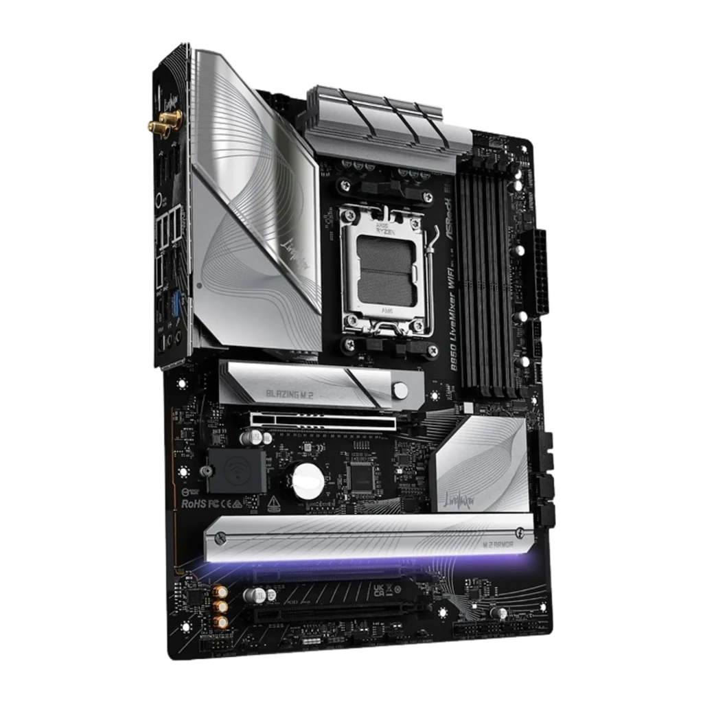 ASRock B850 LiveMixer WiFi DDR5 AM5 preto, vista frontal: socket AM5, dissipadores prateados, slots DDR5 e RGB no PCIe - Item2
