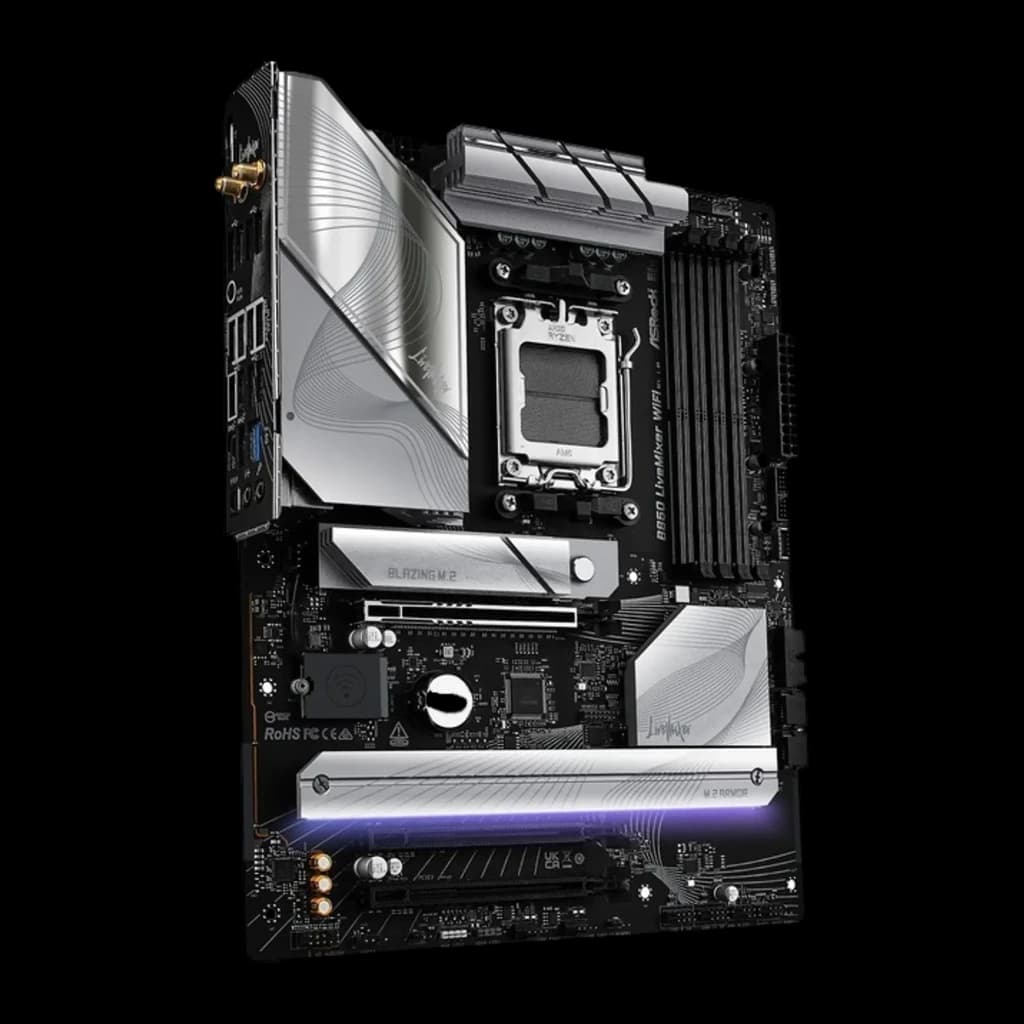 ASRock B850 LiveMixer WiFi DDR5 AM5 noir, vue en angle: socket AM5 exposé, armure M.2 et bandeau RGB allumé