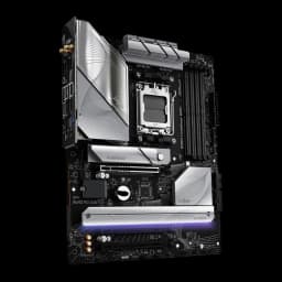 ASRock B850 LiveMixer WiFi DDR5 AM5 noir, vue en angle: socket AM5 exposé, armure M.2 et bandeau RGB allumé