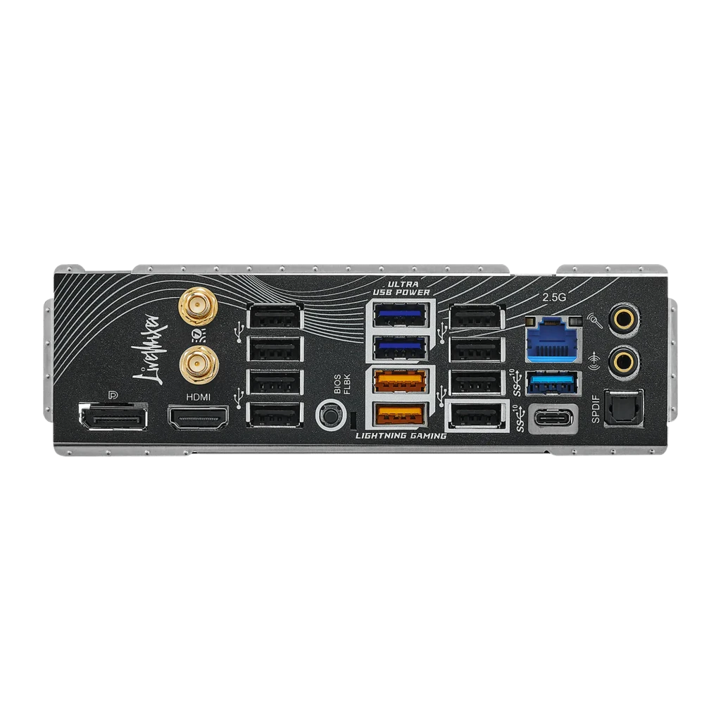 ASRock B850 LiveMixer WiFi DDR5 AM5 preto, vista frontal: socket AM5, dissipadores prateados, slots DDR5 e RGB no PCIe - Item3