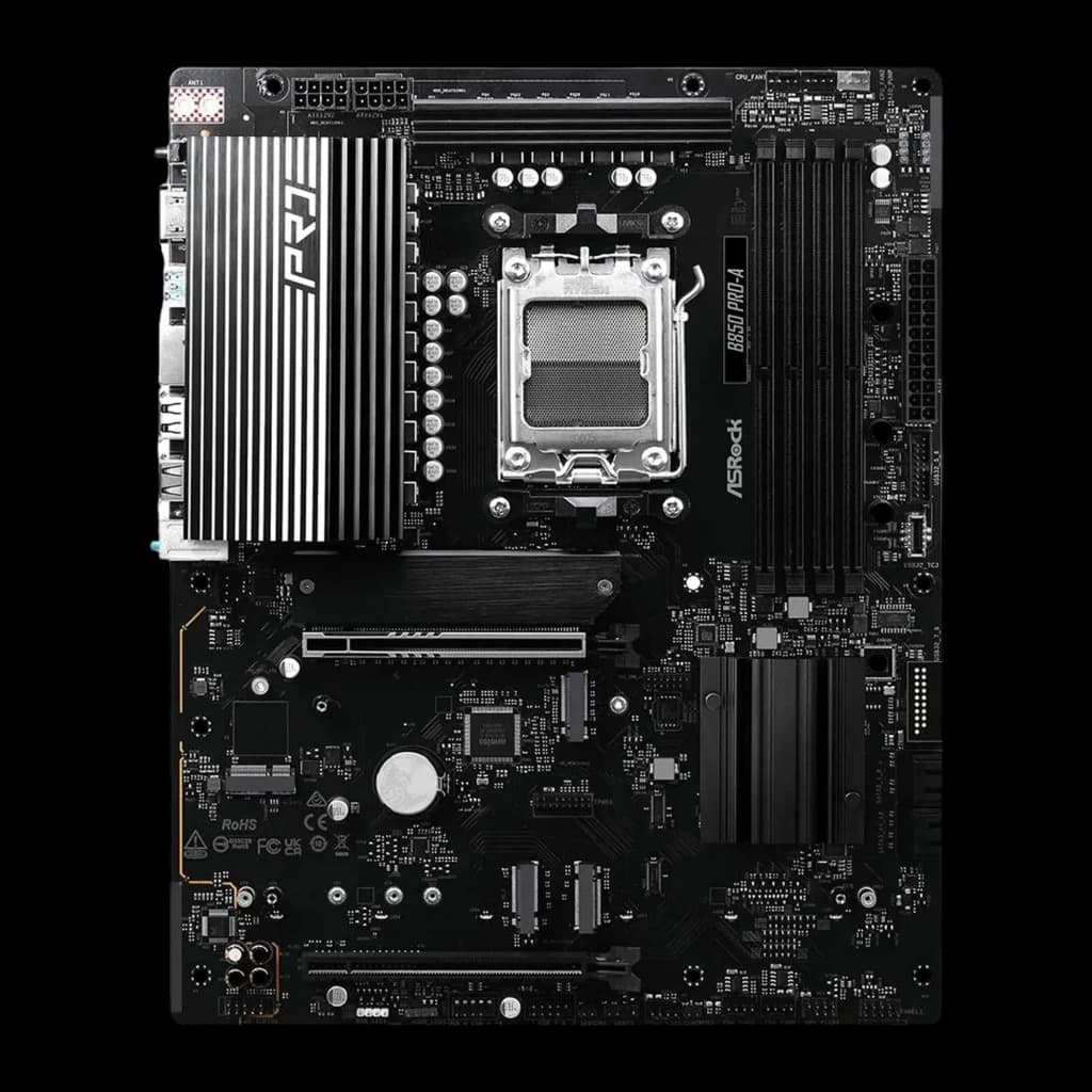 ASRock B850 Pro-A DDR5 AM5, vista frontal: socket AM5, dissipador VRM preto com logo PRO e 4 slots DDR5
