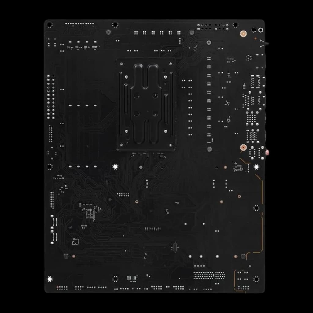 ASRock B850 Pro-A DDR5 AM5, vista traseira PCB: verso preto com placa de reforço do socket AM5 visível