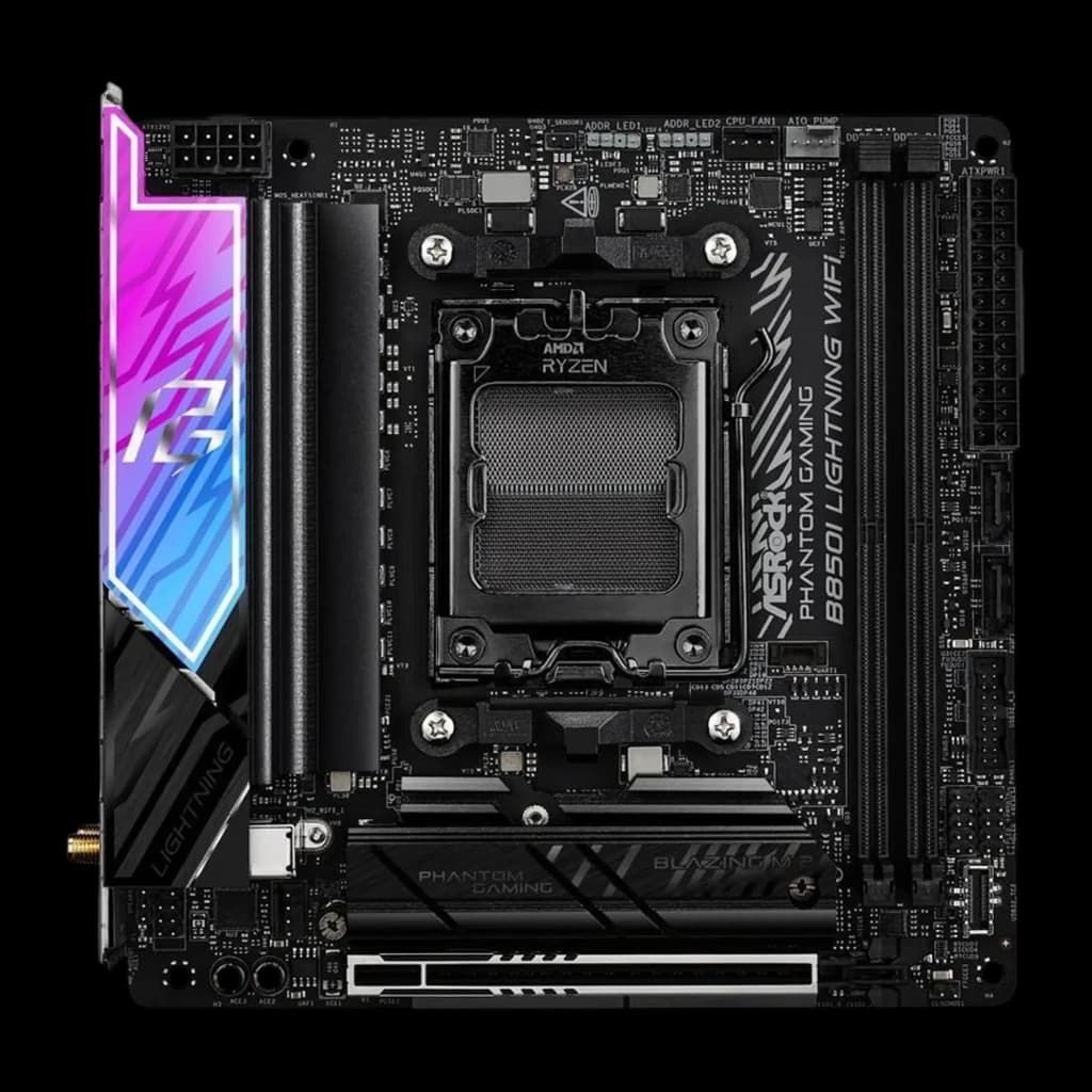 ASRock B850I Lightning WiFi DDR5 AM5, vue de dessus face avant: socket AM5, dissipateur VRM RGB et slots DDR5