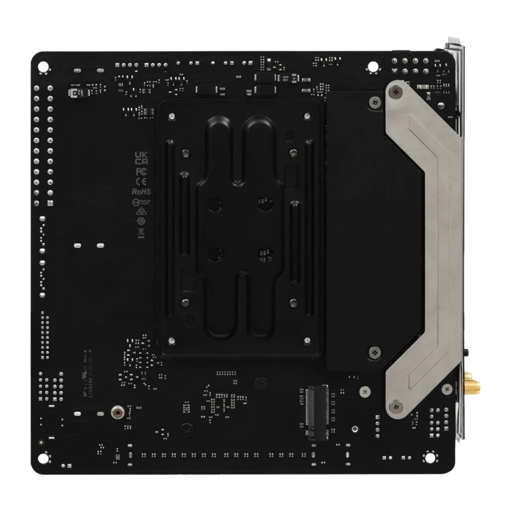ASRock B850I Lightning WiFi DDR5 AM5, vista frontal superior: socket AM5, dissipador VRM RGB e slots DDR5 - Item1