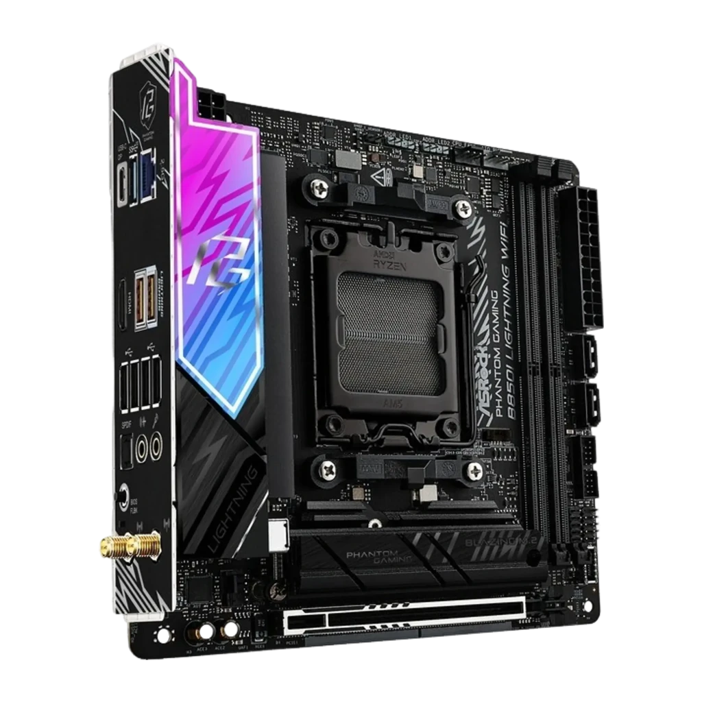 ASRock B850I Lightning WiFi DDR5 AM5, vista frontal superior: socket AM5, dissipador VRM RGB e slots DDR5 - Item2