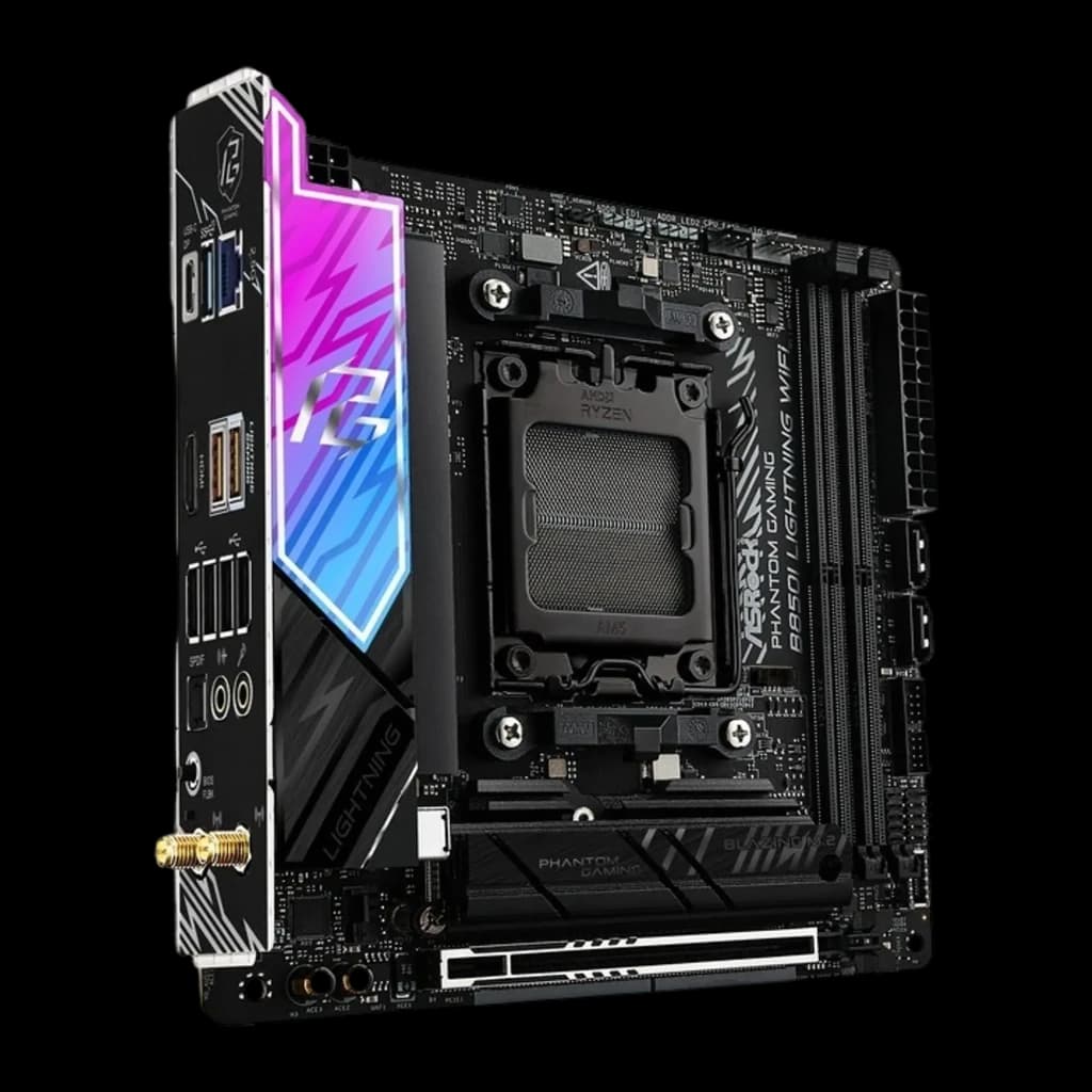 ASRock B850I Lightning WiFi DDR5 AM5, vue angulaire gauche: panneau I/O avec ports USB, HDMI et RGB allumé