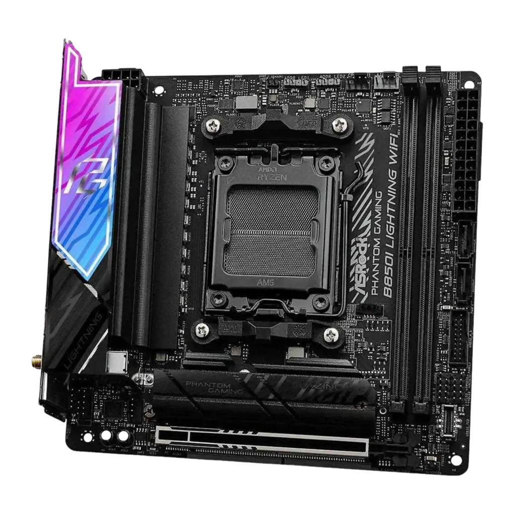ASRock B850I Lightning WiFi DDR5 AM5, vista frontal superior: socket AM5, dissipador VRM RGB e slots DDR5 - Item3