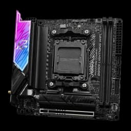 ASRock B850I Lightning WiFi DDR5 AM5, vue angulaire supérieure droite: socket AM5 et blindage RGB vu de dessus