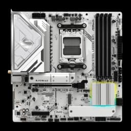 ASRock B850M Steel Legend WiFi AM5 blanche, vue du dessus: socket AM5, slots DDR5, slot Blazing M.2 et dissipateurs blancs