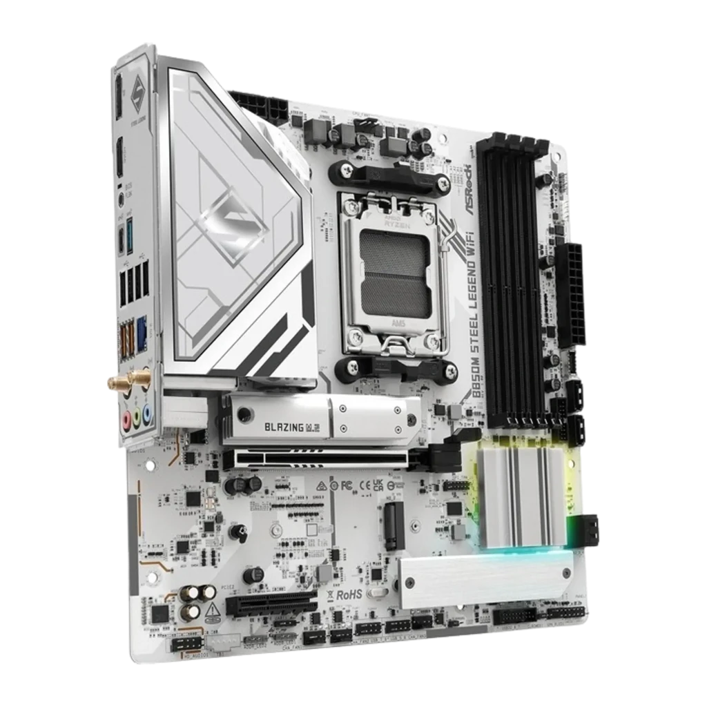 ASRock B850M Steel Legend WiFi AM5 branca, vista superior: socket AM5, slots DDR5, slot Blazing M.2 e dissipadores brancos - Item1