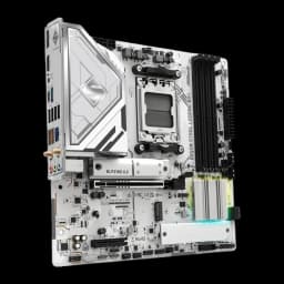 ASRock B850M Steel Legend WiFi AM5 blanche, vue en perspective: panneau I/O intégré, socket AM5 et slots DDR5 visibles