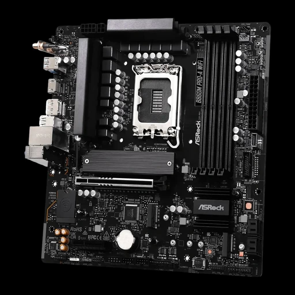 ASRock B860M Pro-A WiFi DDR5 preto, vista frontal em ângulo: socket LGA1851, slots DDR5, dissipadores VRM e chipset, painel