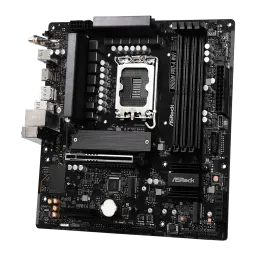 ASRock B860M Pro-A WiFi DDR5 preto, vista frontal em ângulo: socket LGA1851, slots DDR5, dissipadores VRM e chipset, painel