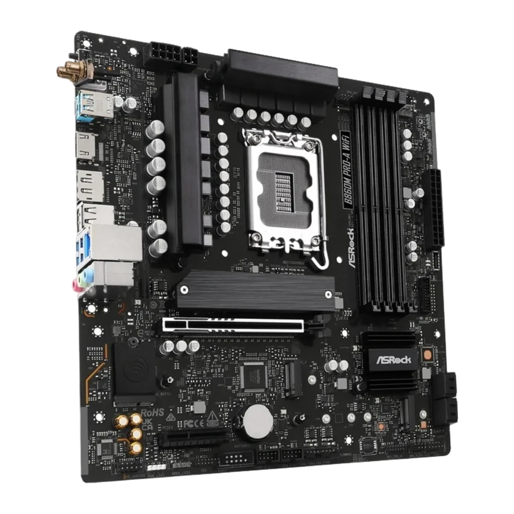 ASRock B860M Pro-A WiFi DDR5 preto, vista frontal em ângulo: socket LGA1851, slots DDR5, dissipadores VRM e chipset, painel - Item1