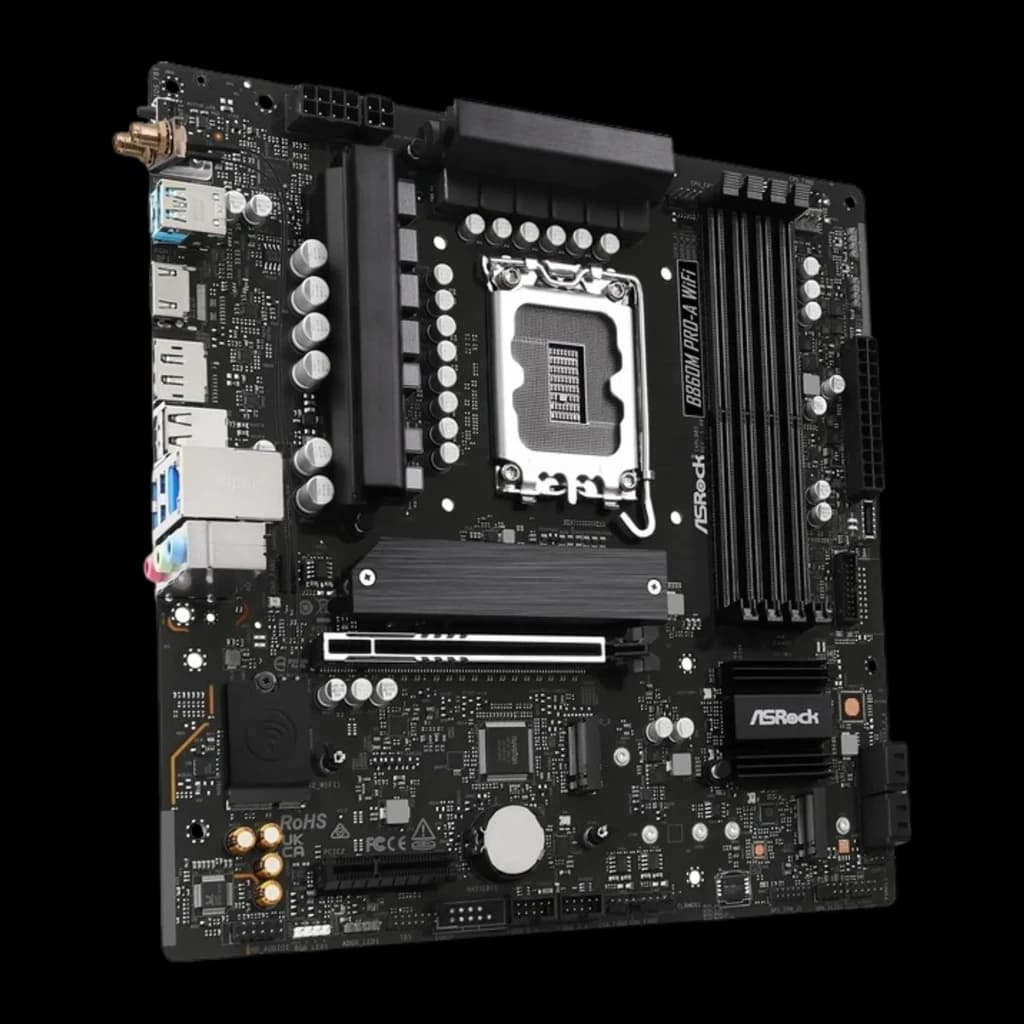 ASRock B860M Pro-A WiFi DDR5 preto, vista frontal ângulo esquerdo: antena WiFi visível, portas USB traseiras e slot PCIe x16