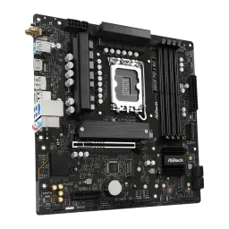 ASRock B860M Pro-A WiFi DDR5 preto, vista frontal ângulo esquerdo: antena WiFi visível, portas USB traseiras e slot PCIe x16