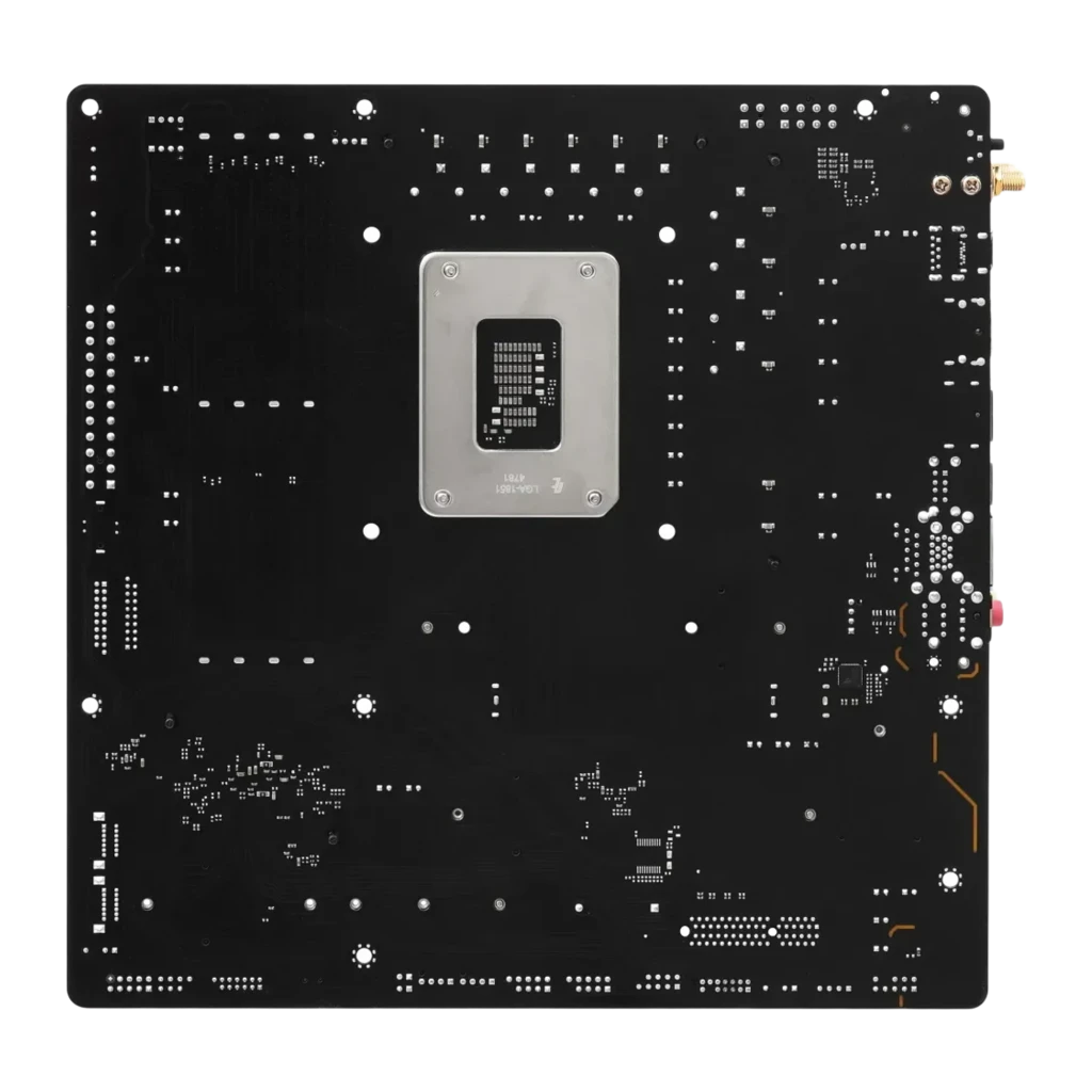 ASRock B860M Pro-A WiFi DDR5 preto, vista frontal em ângulo: socket LGA1851, slots DDR5, dissipadores VRM e chipset, painel - Item2