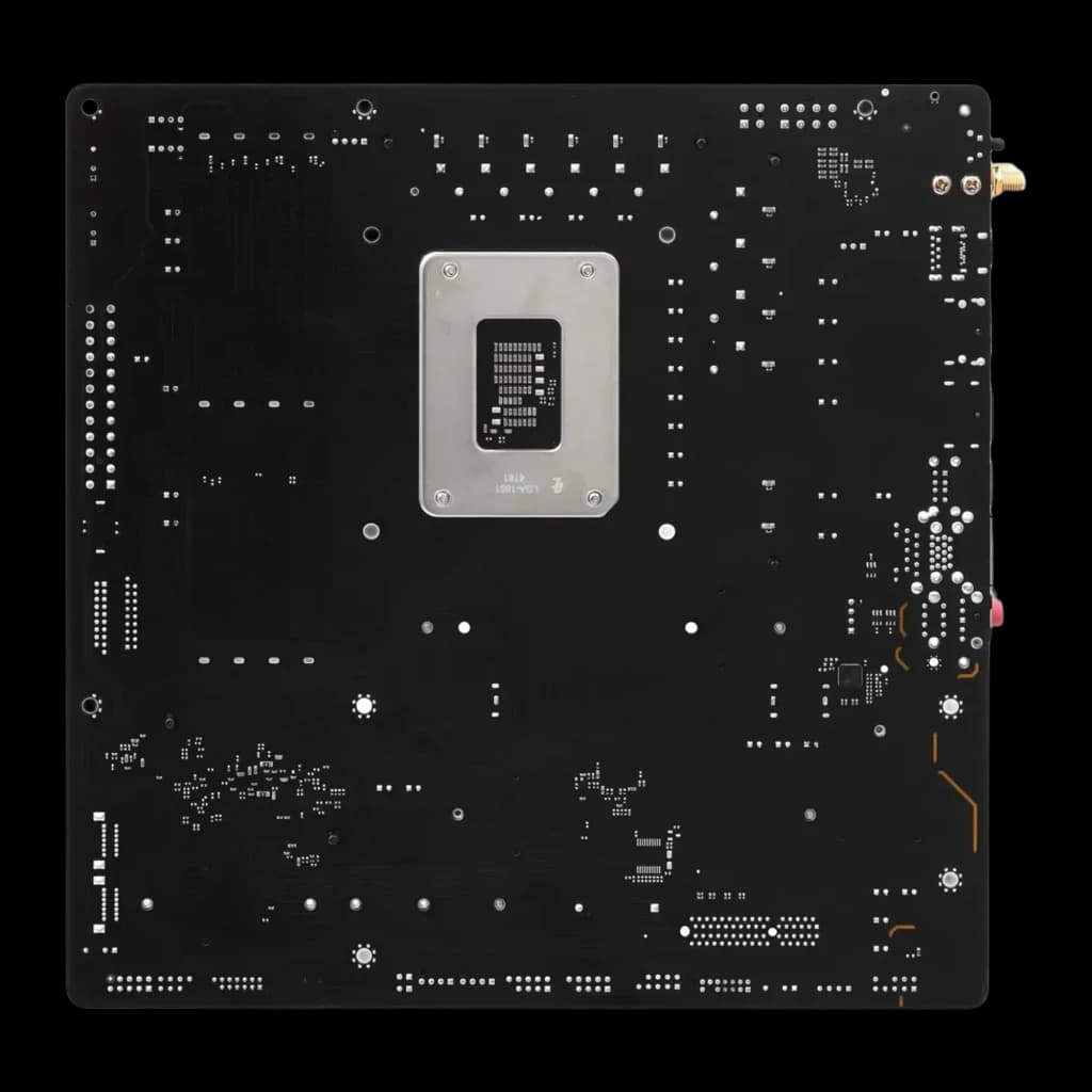 ASRock B860M Pro-A WiFi DDR5 preto, vista traseira: verso da PCB com reforço metálico do socket LGA1851 e soldas