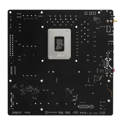 ASRock B860M Pro-A WiFi DDR5 preto, vista traseira: verso da PCB com reforço metálico do socket LGA1851 e soldas