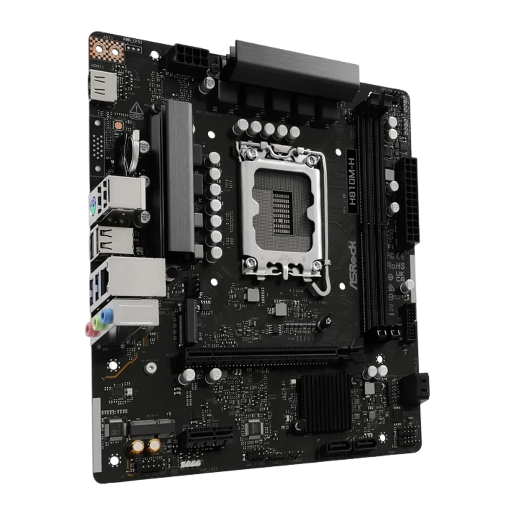 ASRock H810M-H 128GB DDR5 preto, vista frontal superior: socket LGA, slots DDR5, portas I/O e PCIe visíveis - Item1