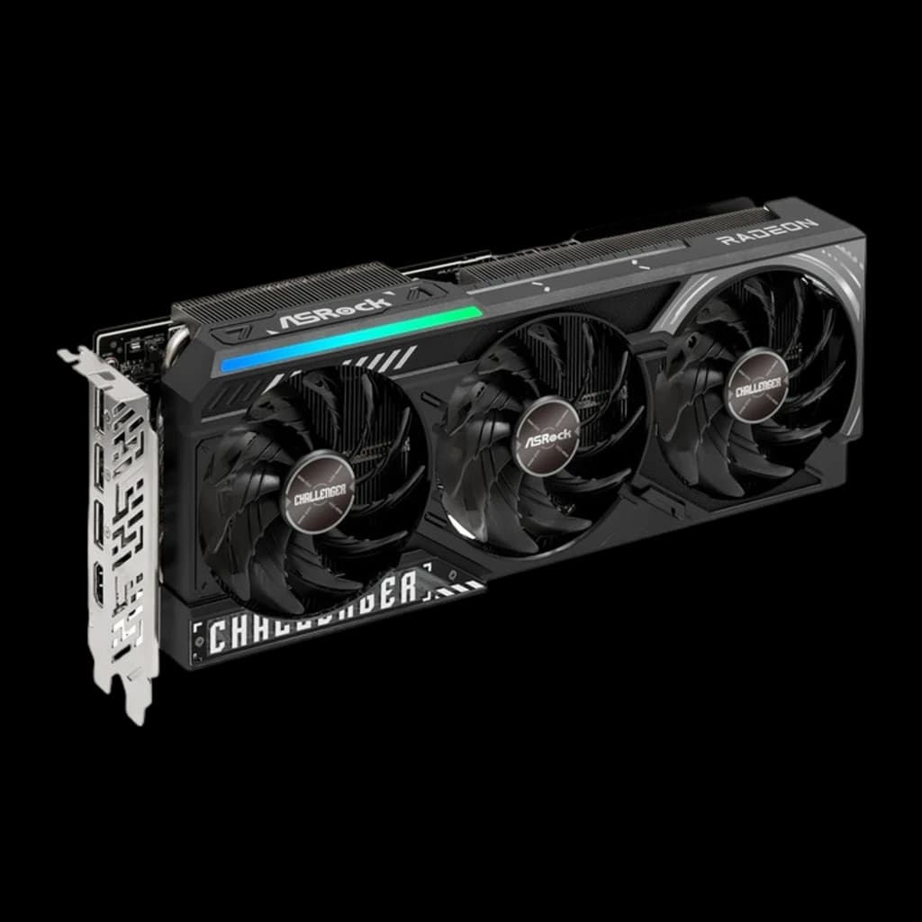 ASRock Radeon RX 9070 XT Challenger 16GB noir, vue avant en angle: triple ventilateur, RGB et ports I/O