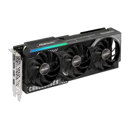 ASRock Radeon RX 9070 XT Challenger 16GB noir, vue avant en angle: triple ventilateur, RGB et ports I/O