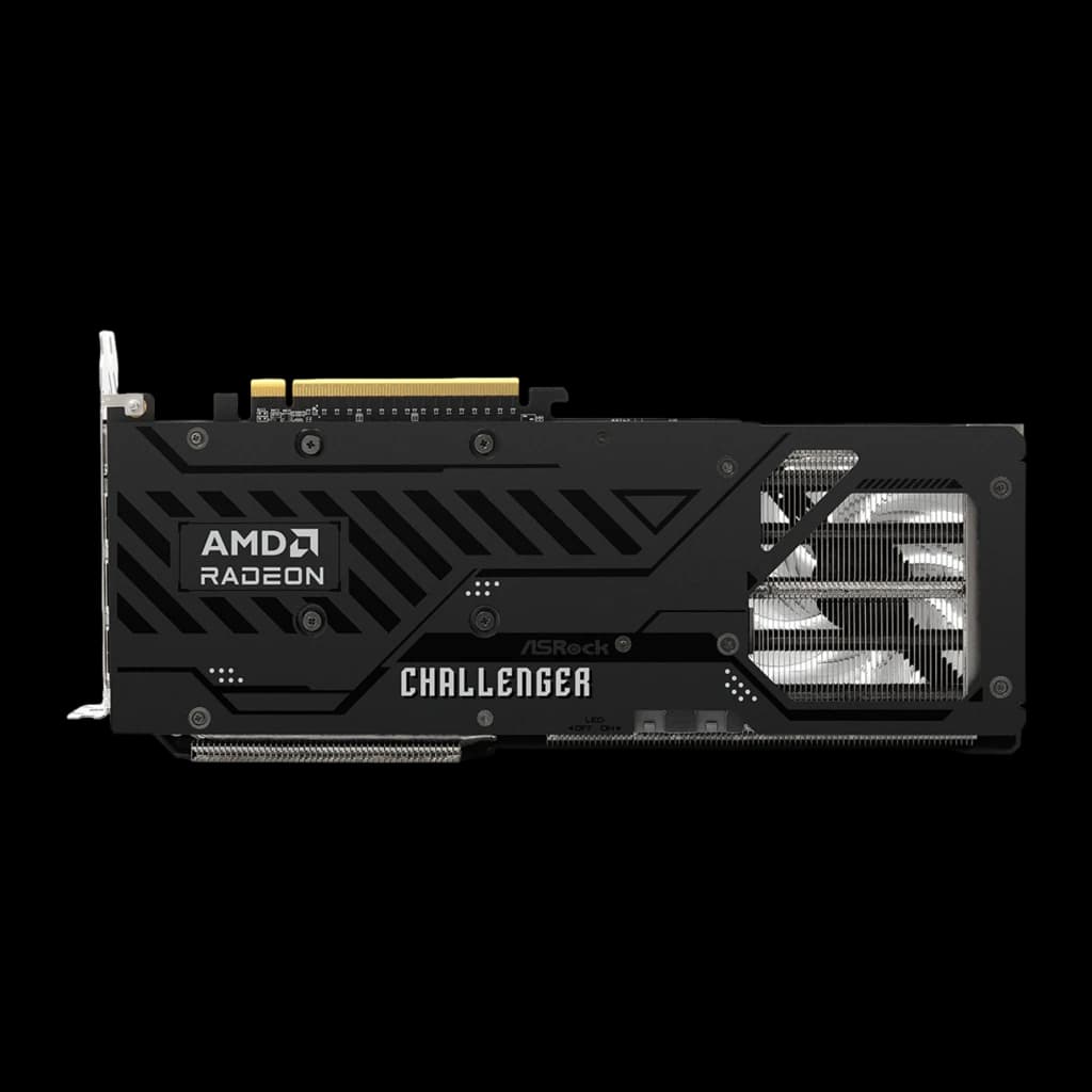ASRock Radeon RX 9070 XT Challenger 16GB noir, vue arrière: backplate avec logo AMD Radeon et dissipateur