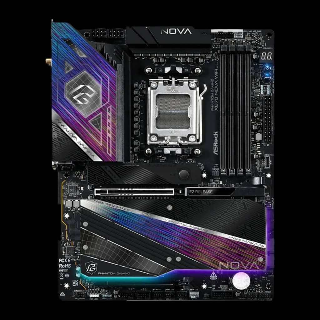 ASRock X870 Nova WiFi AM5 ATX negro, vista frontal: placa base completa con socket AM5, RGB en disipadores y ranuras PCIe