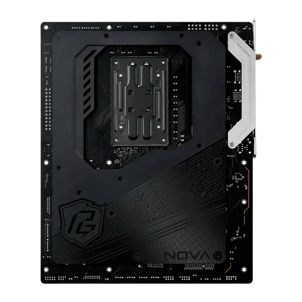 ASRock X870 Nova WiFi AM5 ATX preto, vista frontal: placa-mãe completa com socket AM5, RGB nos dissipadores e slots PCIe - Item1