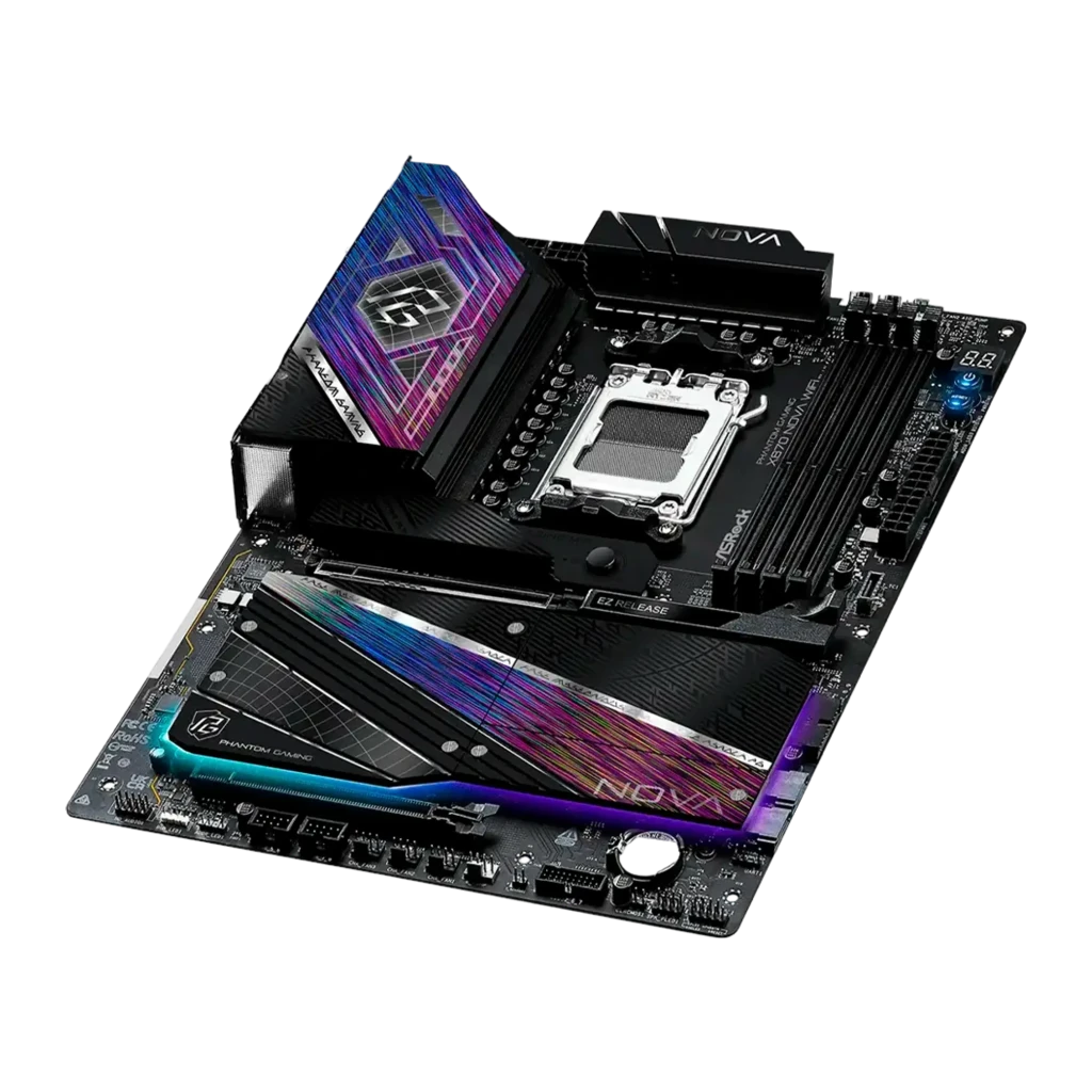ASRock X870 Nova WiFi AM5 ATX preto, vista frontal: placa-mãe completa com socket AM5, RGB nos dissipadores e slots PCIe - Item2
