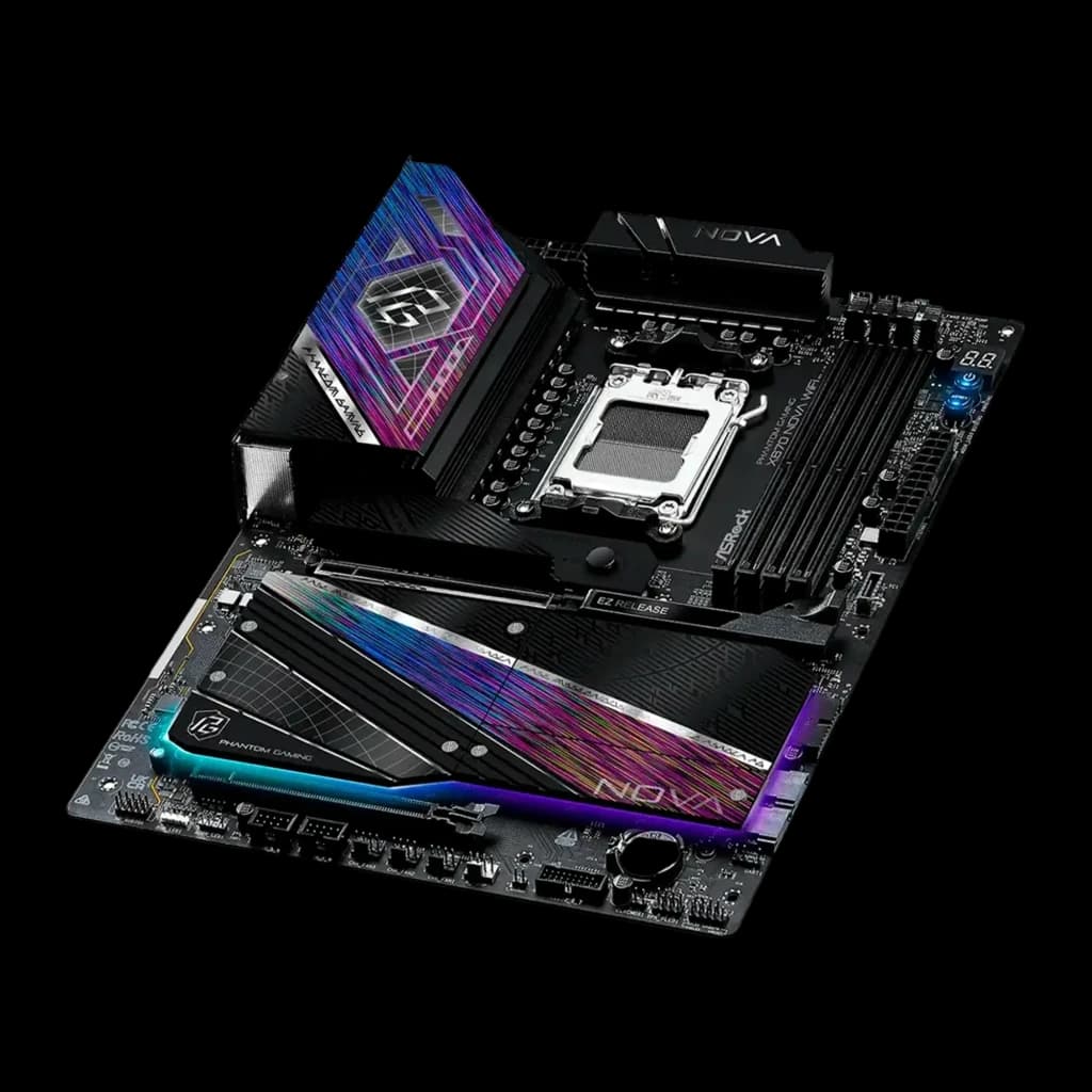 ASRock X870 Nova WiFi AM5 ATX negro, vista en perspectiva: ángulo diagonal con iluminación RGB activa en disipadores y
