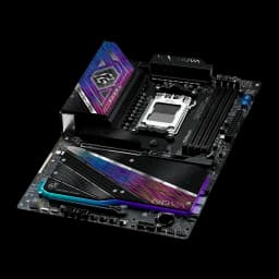 ASRock X870 Nova WiFi AM5 ATX negro, vista en perspectiva: ángulo diagonal con iluminación RGB activa en disipadores y