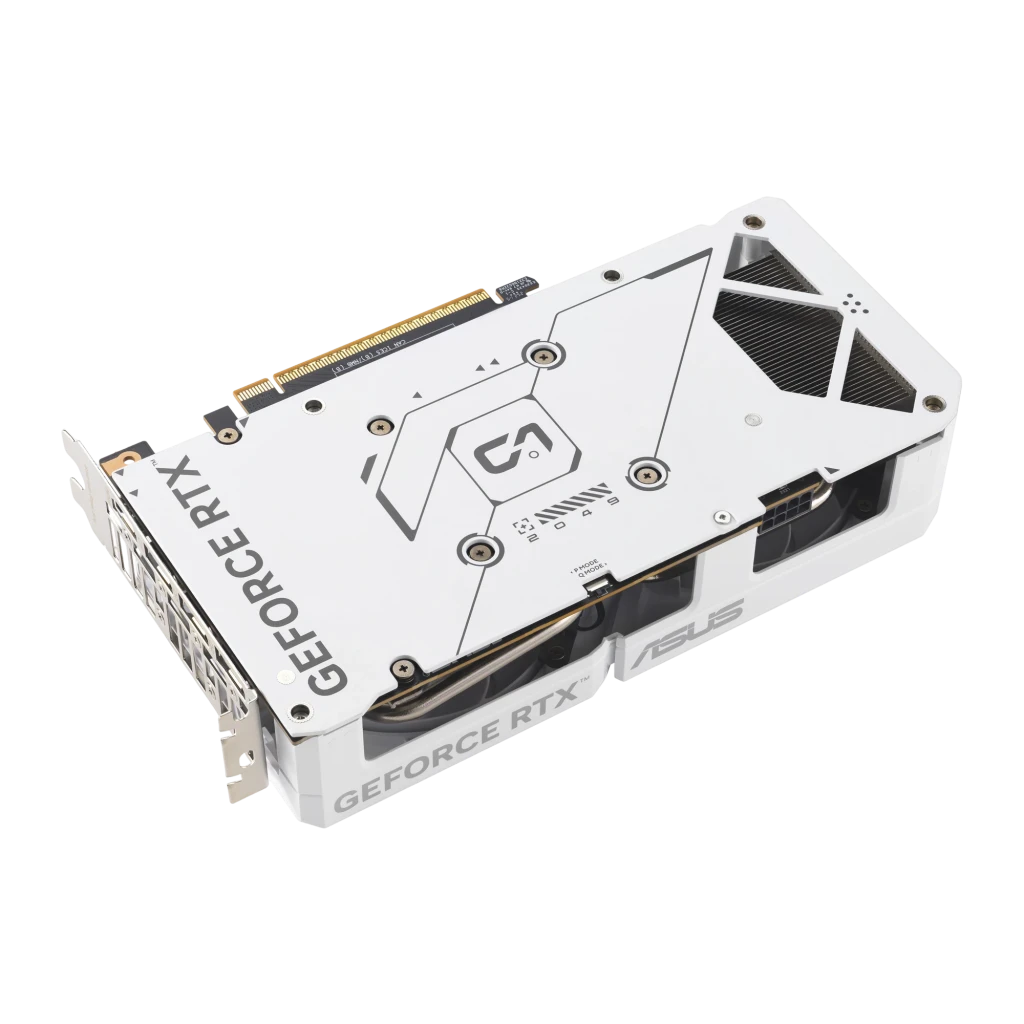 ASUS GeForce RTX 5060 DUAL OC WHITE 8GB branco, vista frontal em ângulo: dois ventiladores com logo ASUS e portas no bracket - Item1