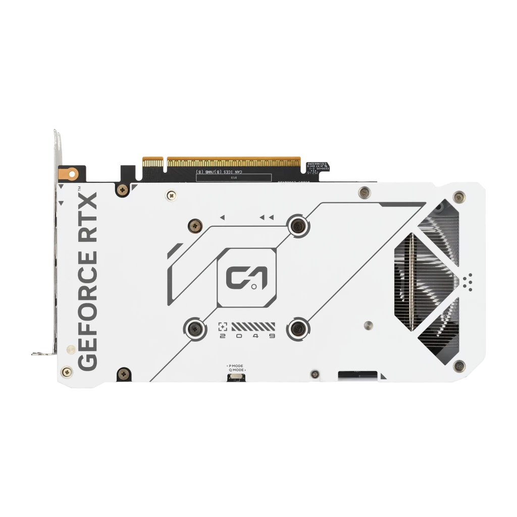 ASUS GeForce RTX 5060 DUAL OC WHITE 8GB branco, vista frontal em ângulo: dois ventiladores com logo ASUS e portas no bracket - Item2