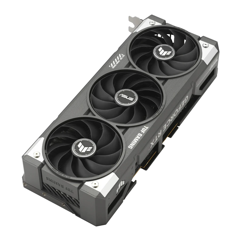 ASUS GeForce RTX 5060 TUF Gaming OC 8GB preto, vista frontal em ângulo: 3 ventoinhas, logos TUF e portas I/O - Item2