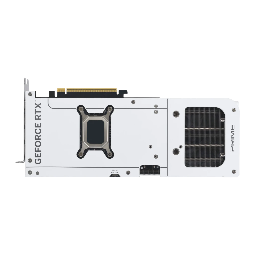 ASUS PRIME RTX 5070 OC 12GB branco, vista frontal em ângulo: três ventoinhas, logo GeForce RTX e portas I/O - Item1