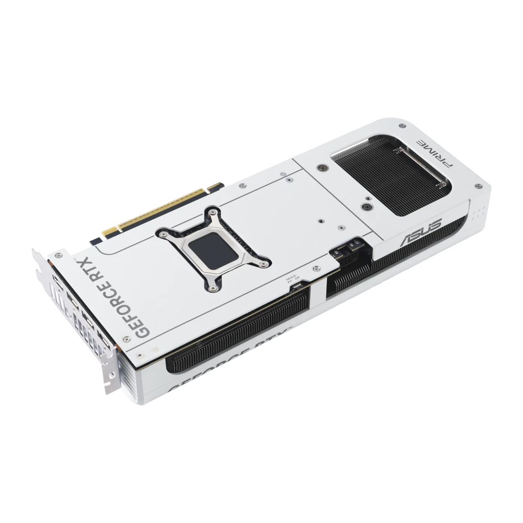 ASUS PRIME RTX 5070 OC 12GB branco, vista frontal em ângulo: três ventoinhas, logo GeForce RTX e portas I/O - Item2