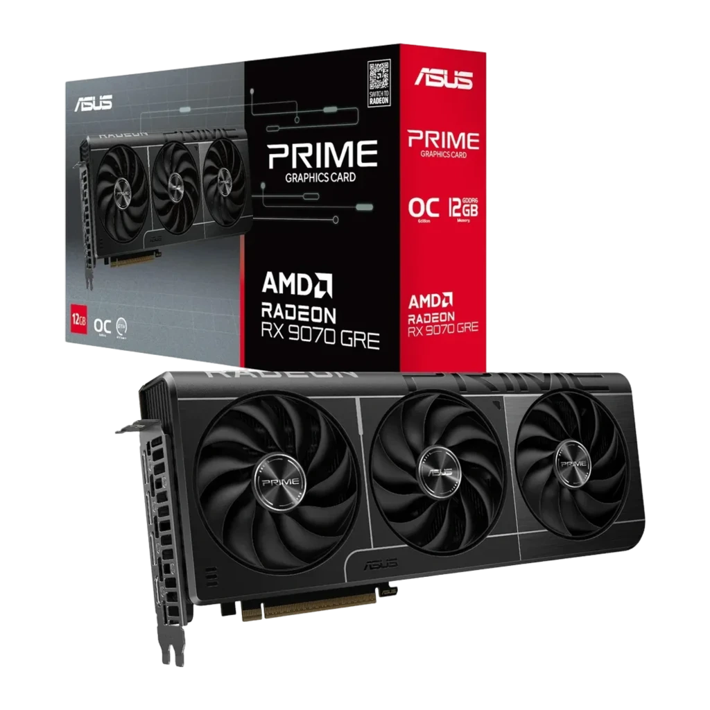 ASUS PRIME Radeon RX 9070 GRE 12GB multicolor, vista frontal em ângulo: três ventoinhas PRIME e portas HDMI/DP visíveis - Item4