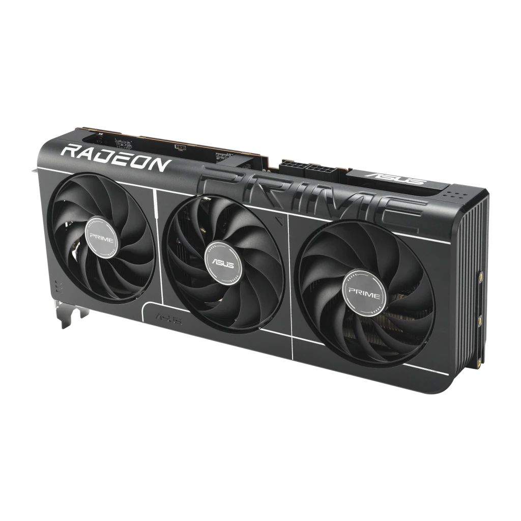 ASUS PRIME Radeon RX 9070 GRE 12GB multicolor, vista frontal em ângulo: três ventoinhas PRIME e portas HDMI/DP visíveis - Item3