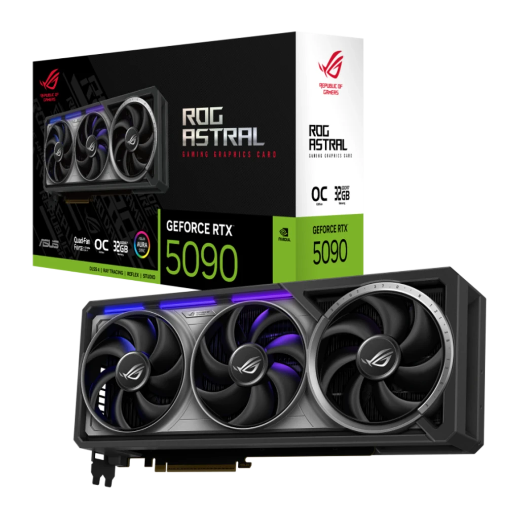 ASUS ROG Astral RTX 5090 32GB OC cinza, vista frontal em ângulo: três ventoinhas ROG com iluminação RGB roxa na lateral - Item3
