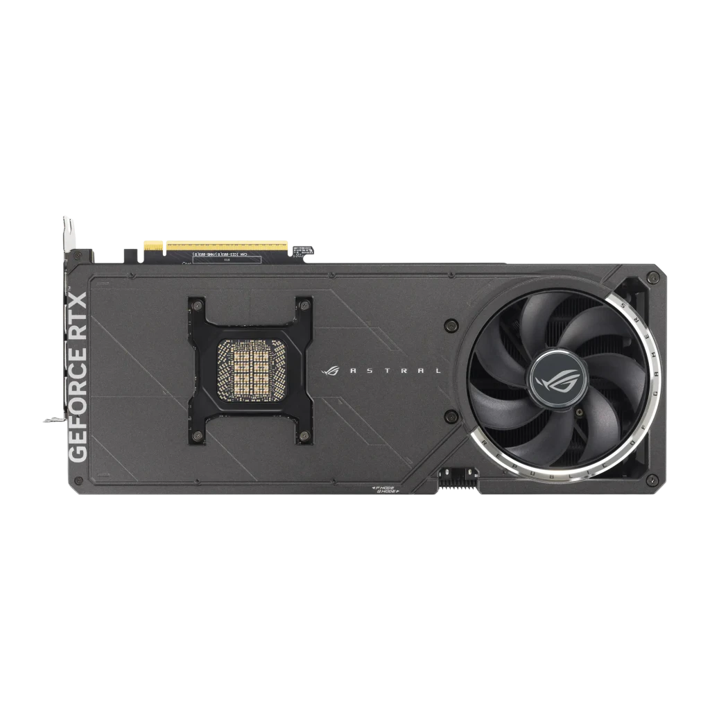ASUS ROG Astral RTX 5090 32GB OC cinza, vista frontal em ângulo: três ventoinhas ROG com iluminação RGB roxa na lateral - Item1