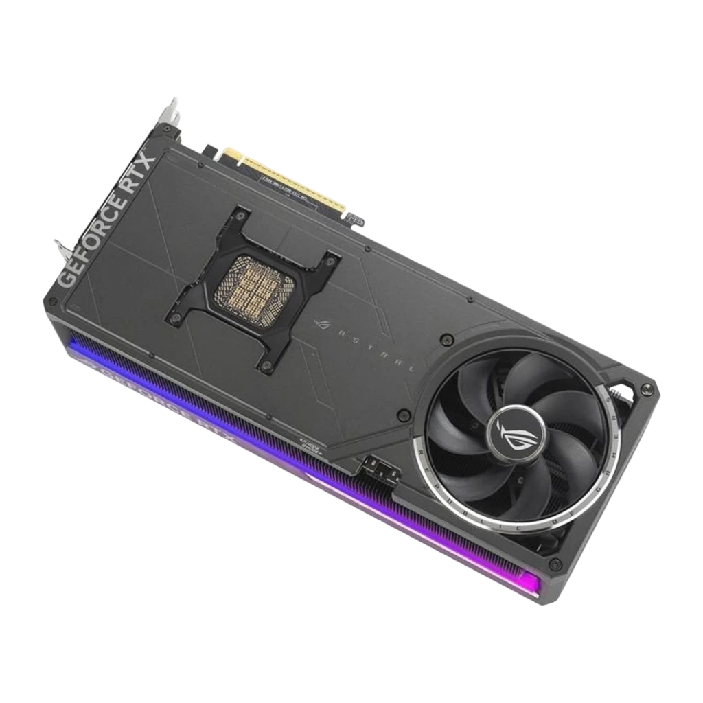 ASUS ROG Astral RTX 5090 32GB OC cinza, vista frontal em ângulo: três ventoinhas ROG com iluminação RGB roxa na lateral - Item2