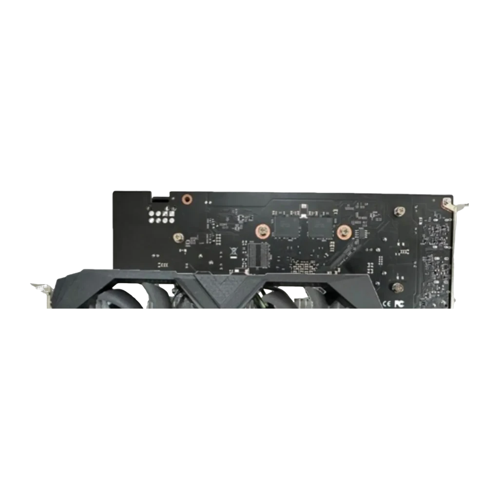 BIOSTAR GeForce RTX 3050 6GB negra, vista frontal: doble ventilador con logo rojo y caja del producto - Ítem1