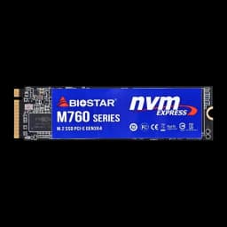 Biostar M760 256GB, vista frontal: etiqueta azul NVMe Express, conector M.2 dourado e chip controlador visíveis