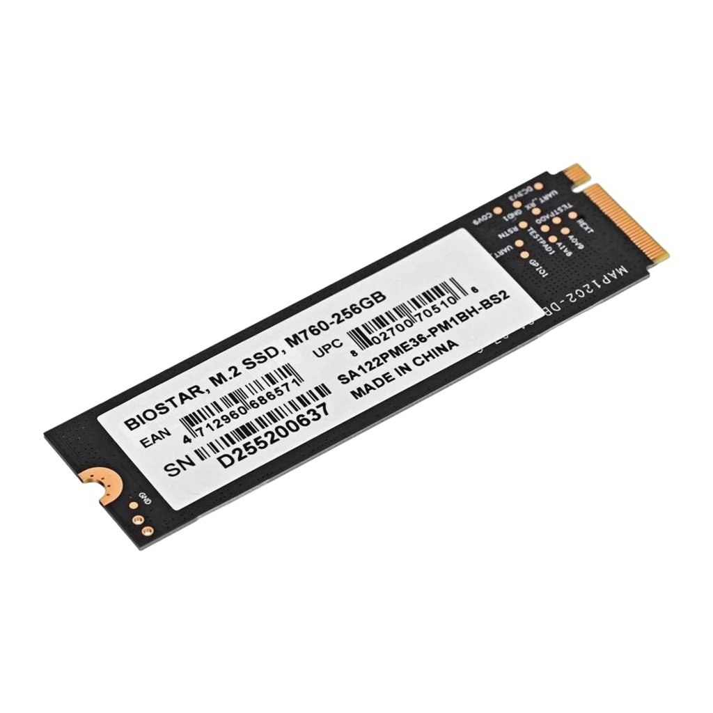 Biostar M760 256GB, vue de face: étiquette bleue NVMe Express, connecteur M.2 doré et puce contrôleur visibles - Ítem1