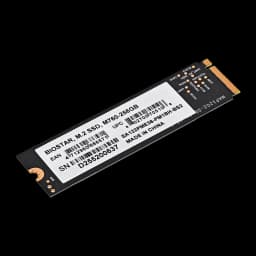 Biostar M760 256GB, vista traseira em ângulo: etiqueta branca com número de série, EAN e conector M.2 dourado