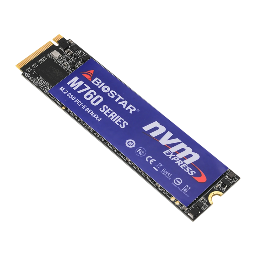 Biostar M760 256GB, vue de face: étiquette bleue NVMe Express, connecteur M.2 doré et puce contrôleur visibles - Ítem2