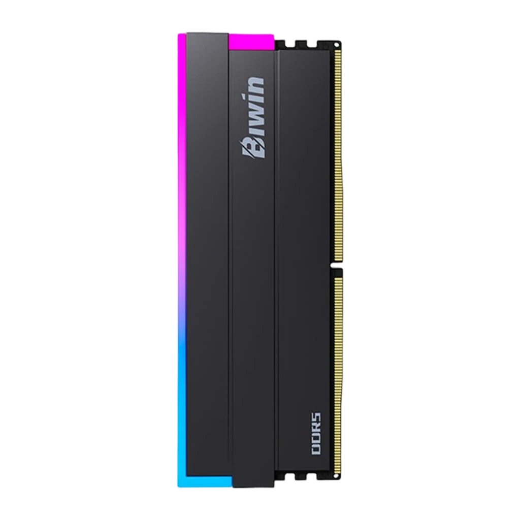 Biwin DW100 DDR5 6000 48GB negro RGB, vista frontal: kit de 2 módulos con iluminación RGB azul-rosa en borde superior - Ítem1