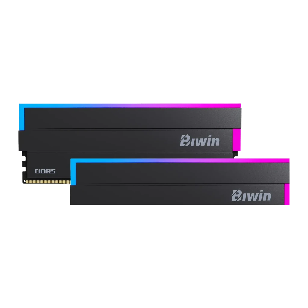 Biwin DW100 DDR5 6000 48GB negro RGB, vista frontal: kit de 2 módulos con iluminación RGB azul-rosa en borde superior - Ítem2